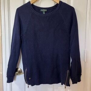 Lauren Ralph Lauren | Navy Cotton Crewneck Sweater with Zipper Detail - Size L